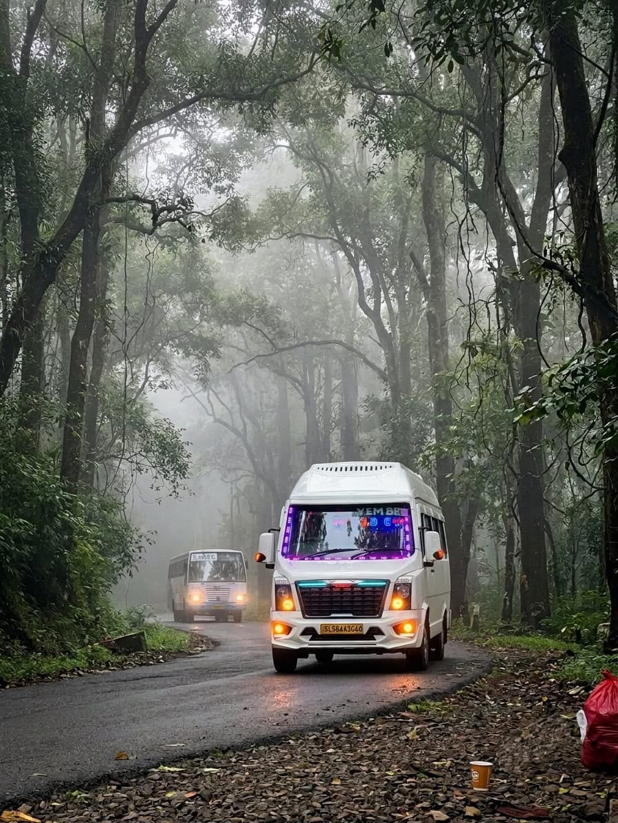 Tempo traveller in misty forest road